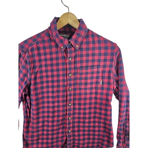 Eddie Bauer Shirt Mens Medium Heavy  Flannel Red/Navy Check Tartan‎ Plaid - Picture 1 of 10